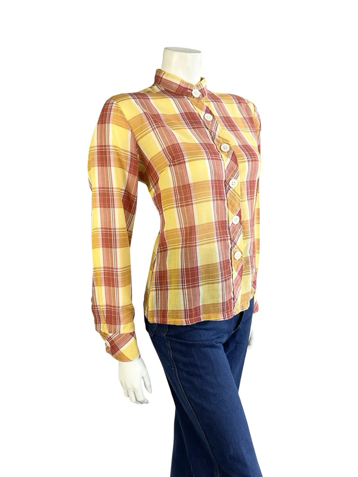 VTG 60S 70S YELLOW RED CREAM TARTAN PLAID MANDARIN COLLAR PRAIRIE SHIRT 14