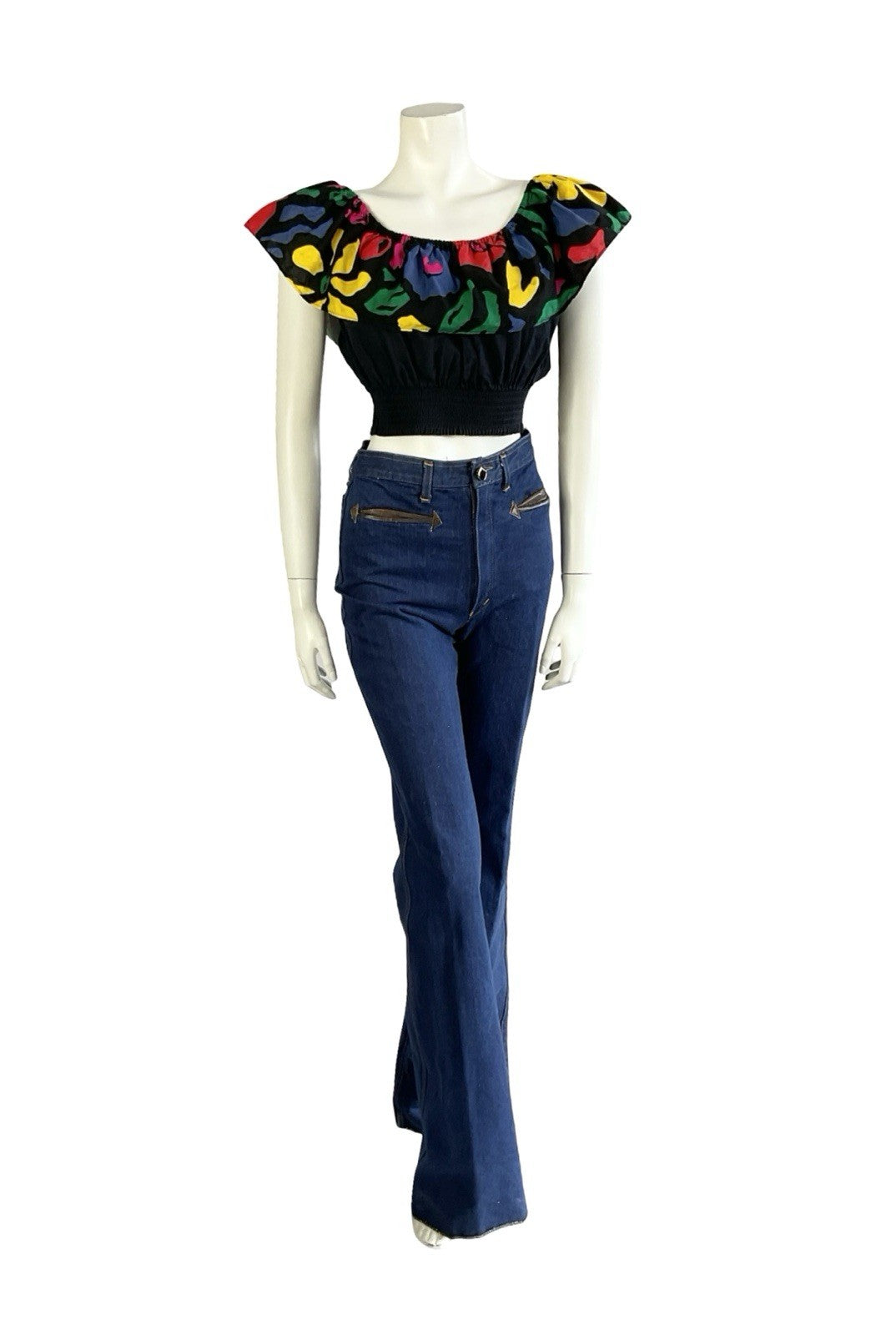VTG 70S 80S BLACK YELLOW BLUE PINK GREEN NEW WAVE DISCO BARDOT CROP TOP 10 12
