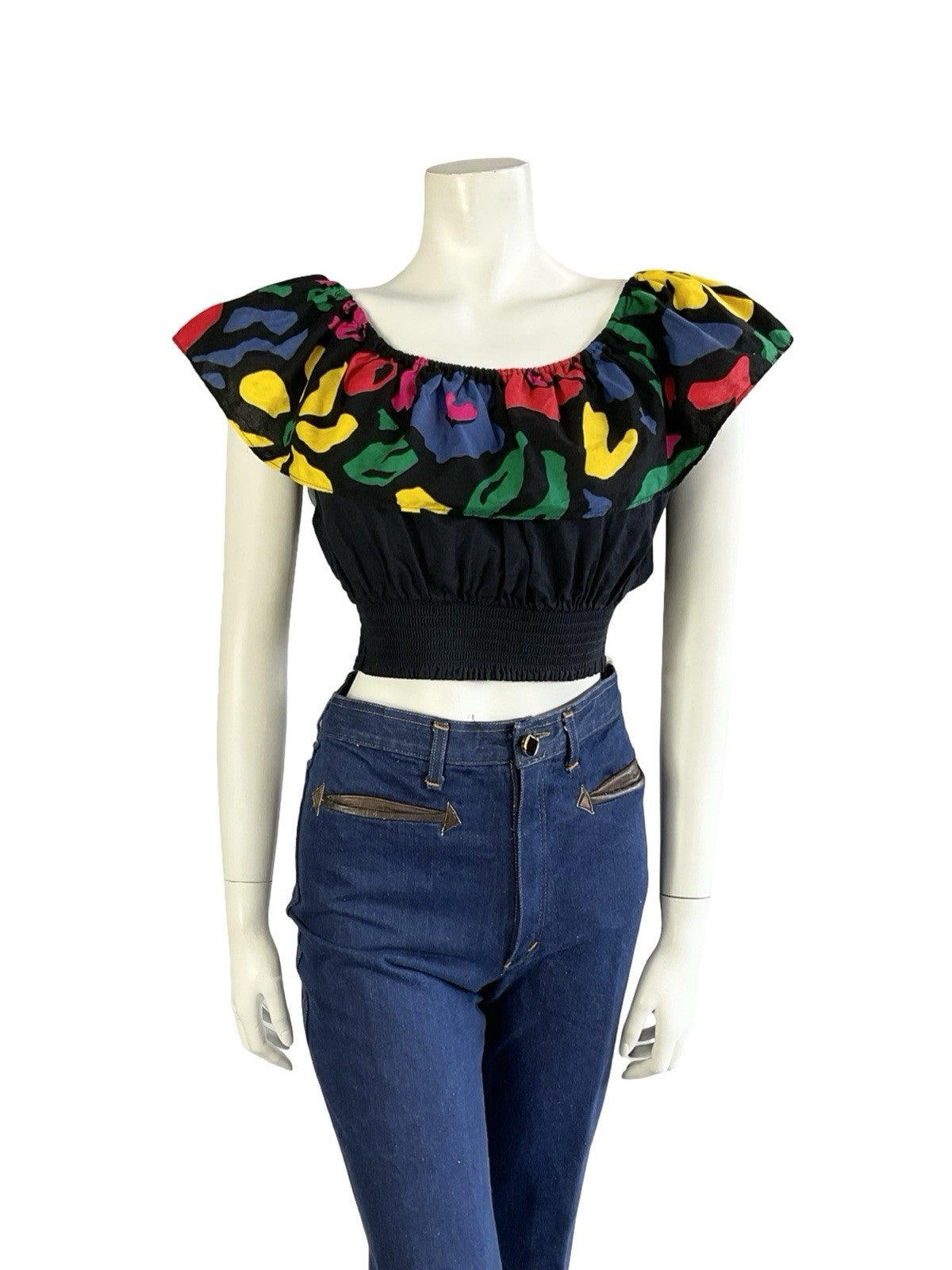 VTG 70S 80S BLACK YELLOW BLUE PINK GREEN NEW WAVE DISCO BARDOT CROP TOP 10 12