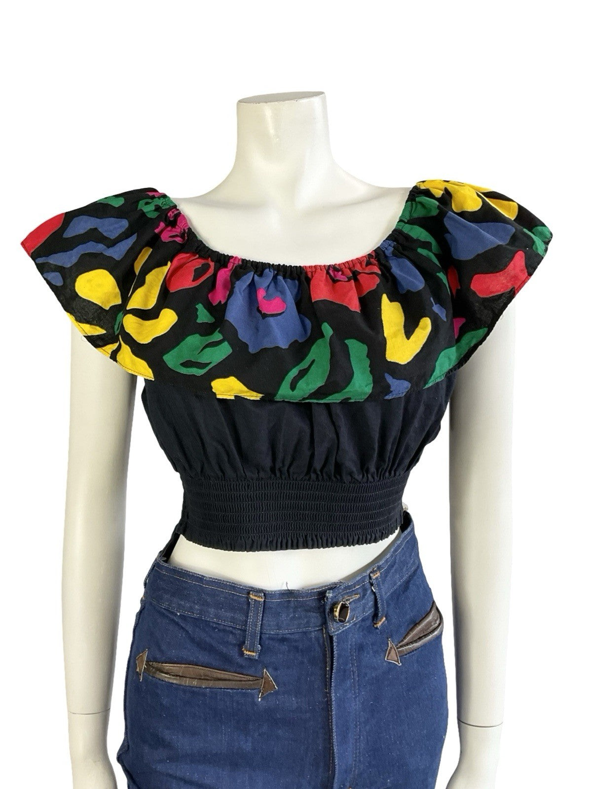 VTG 70S 80S BLACK YELLOW BLUE PINK GREEN NEW WAVE DISCO BARDOT CROP TOP 10 12