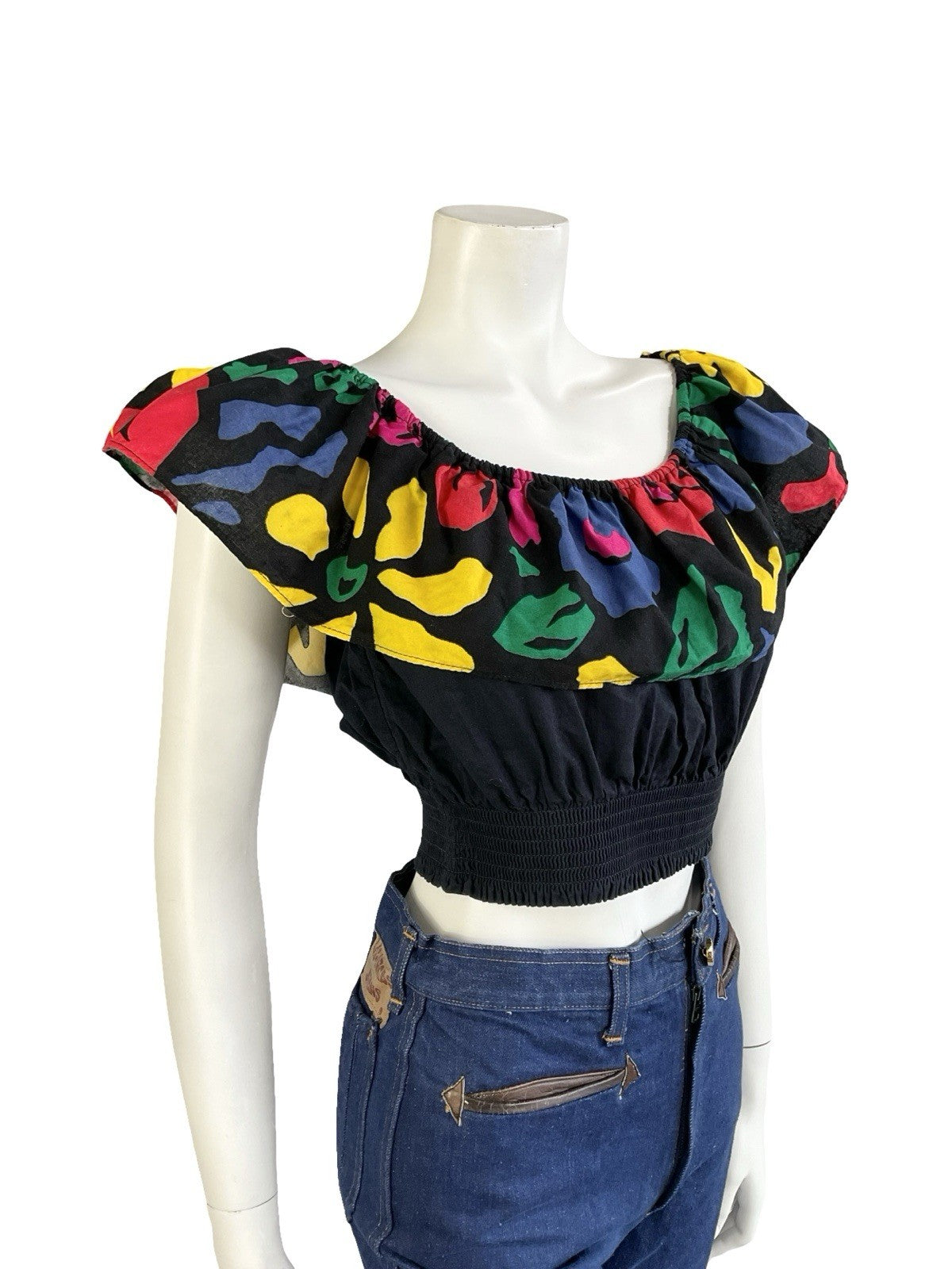 VTG 70S 80S BLACK YELLOW BLUE PINK GREEN NEW WAVE DISCO BARDOT CROP TOP 10 12