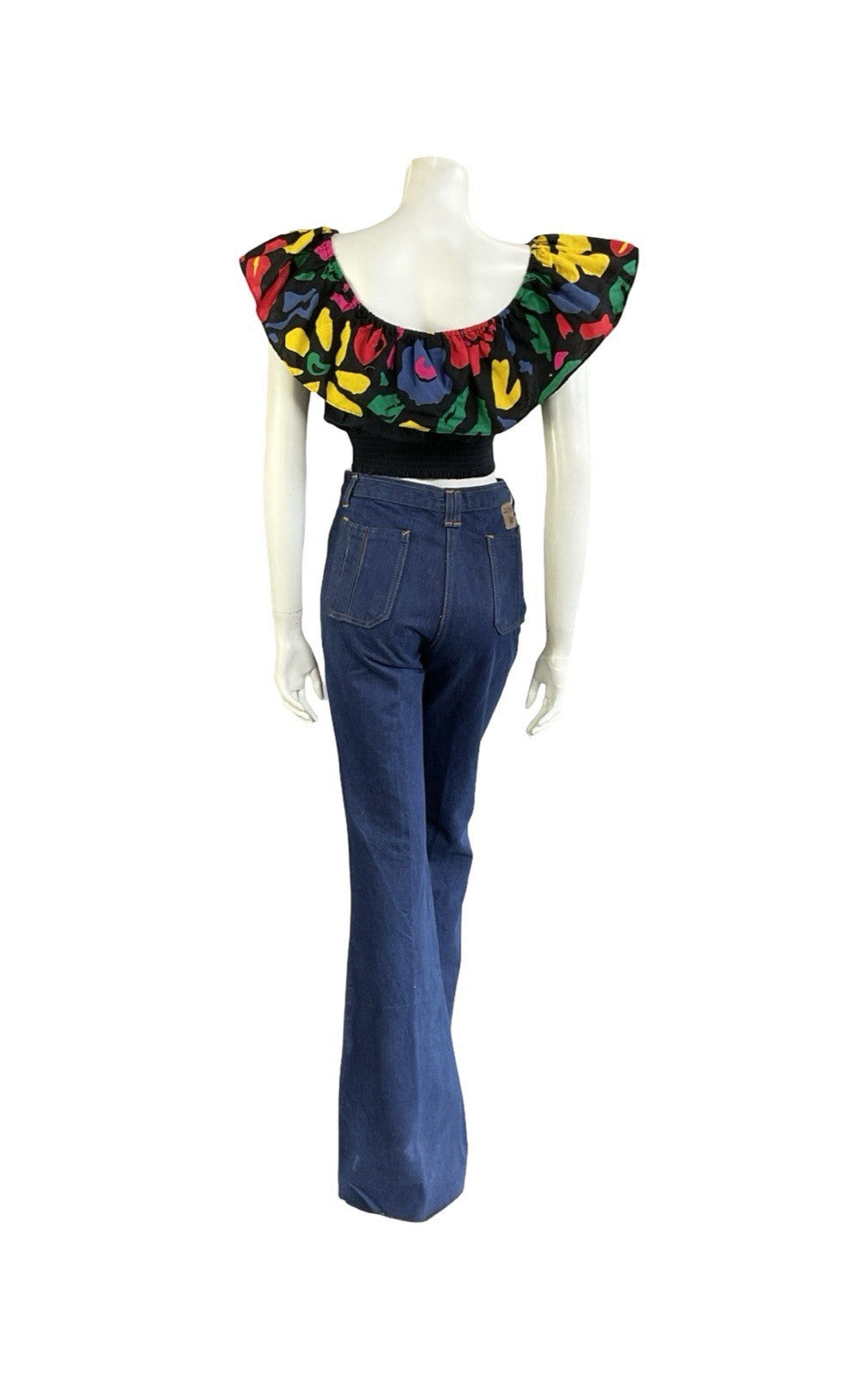 VTG 70S 80S BLACK YELLOW BLUE PINK GREEN NEW WAVE DISCO BARDOT CROP TOP 10 12
