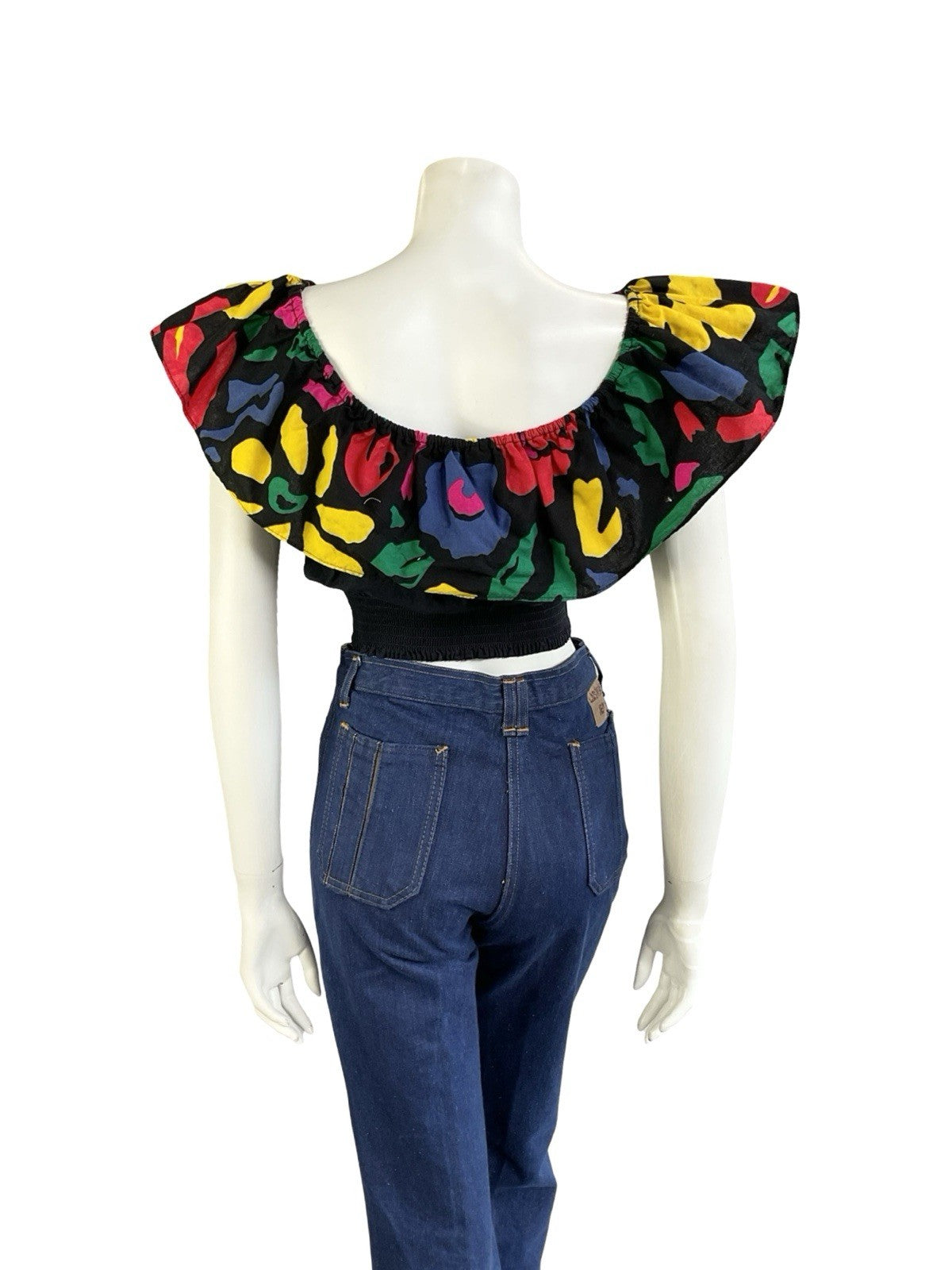 VTG 70S 80S BLACK YELLOW BLUE PINK GREEN NEW WAVE DISCO BARDOT CROP TOP 10 12