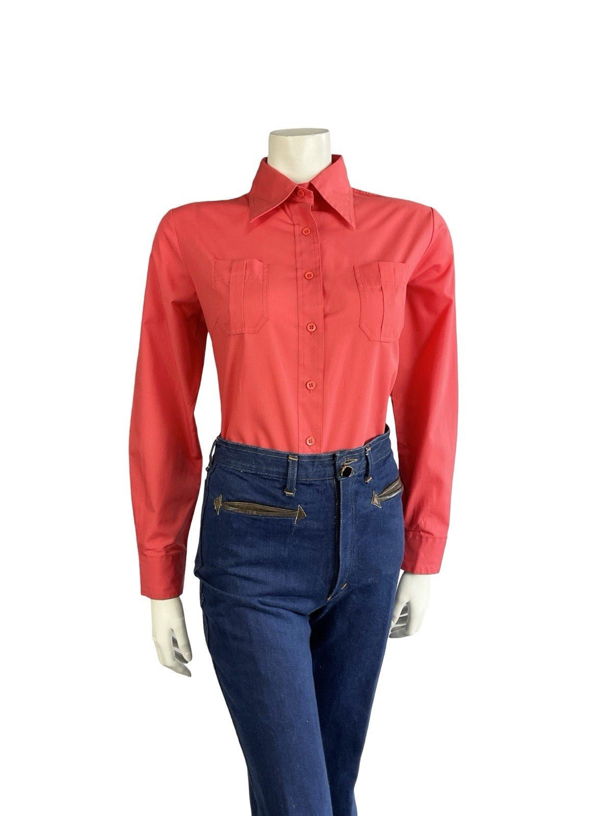 VTG 60S 70S MONOCHROME MOD BRIGHT RED DAGGER COLLAR SHIRT 14