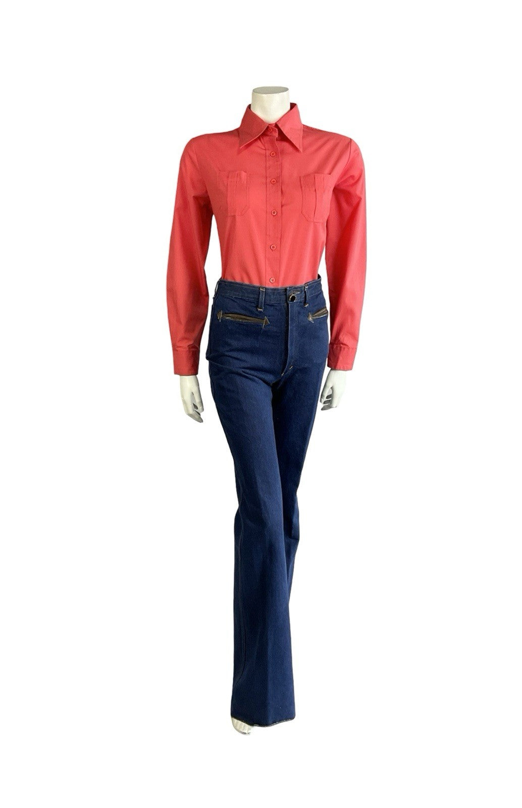 VTG 60S 70S MONOCHROME MOD BRIGHT RED DAGGER COLLAR SHIRT 14
