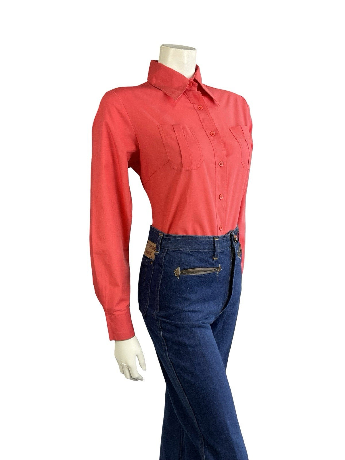 VTG 60S 70S MONOCHROME MOD BRIGHT RED DAGGER COLLAR SHIRT 14