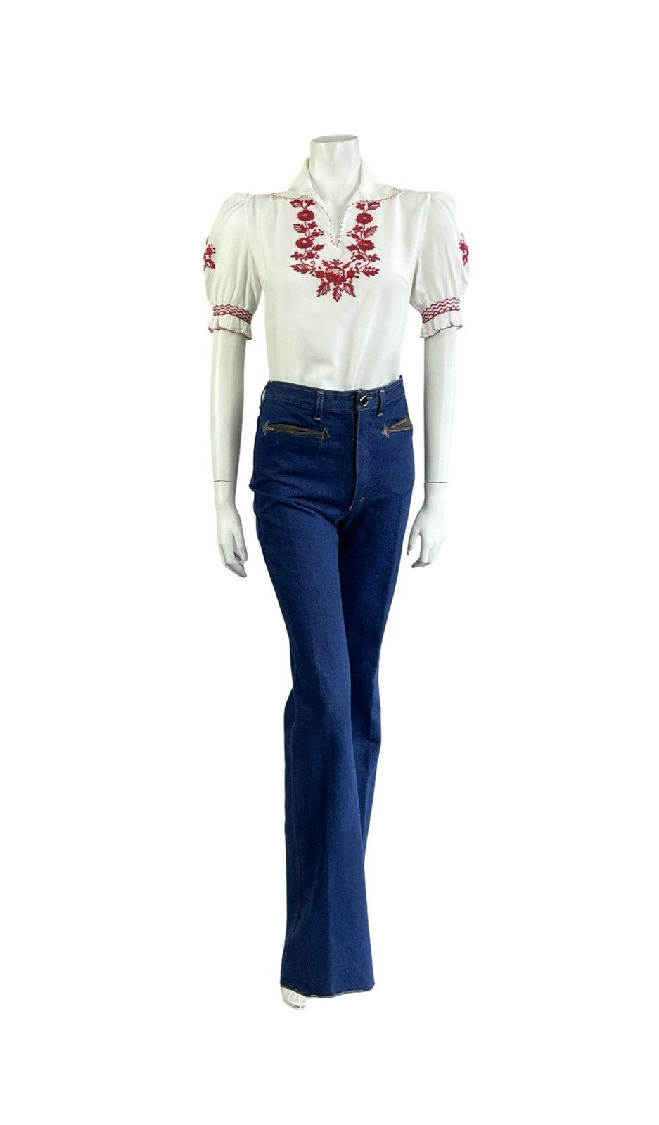 VTG 70S WHITE RED COTTON FOLK FLORAL EMBROIDERED PUFF SLEEVE OPEN COLLAR TOP 10