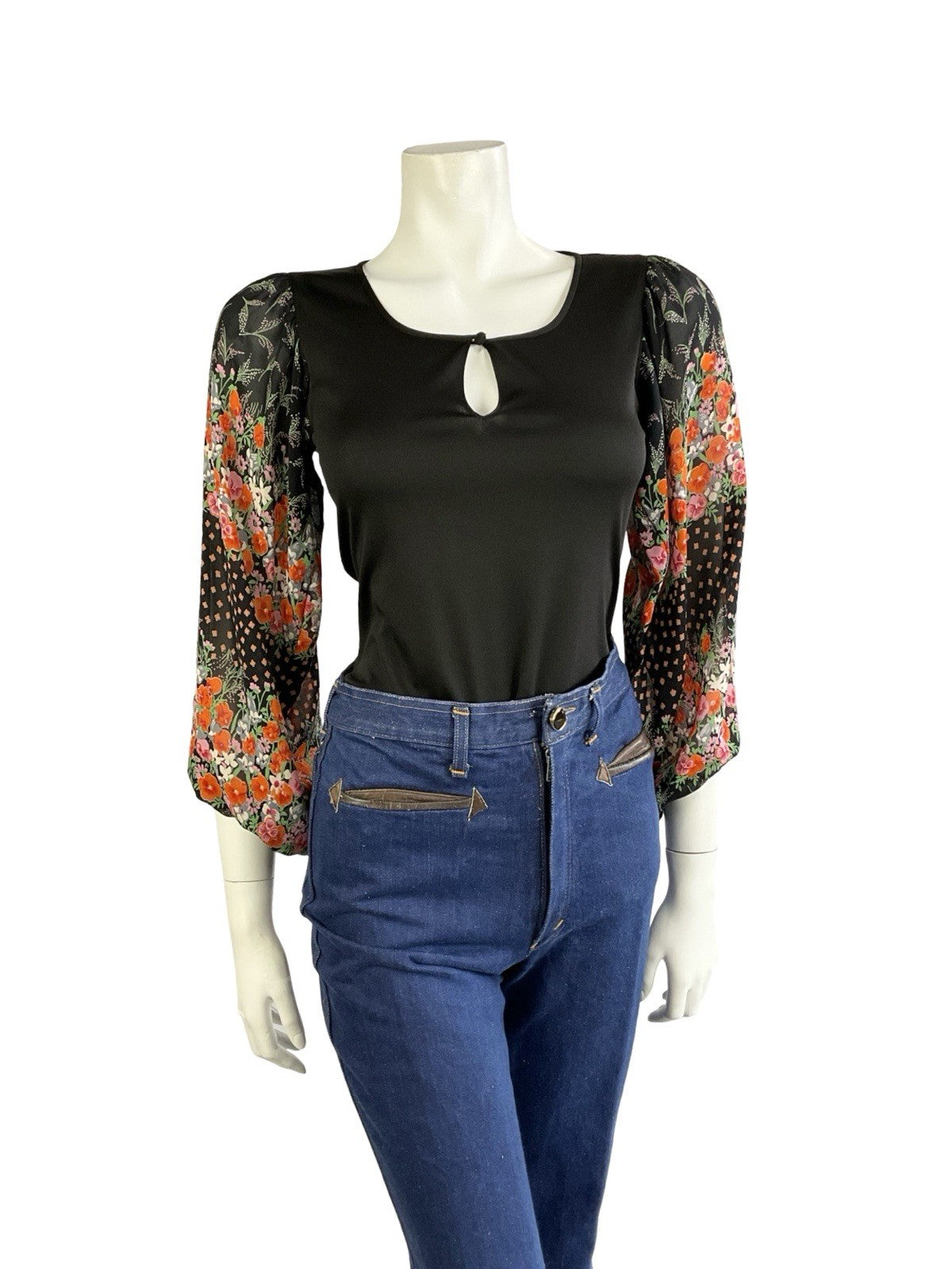VTG 70S BLACK RED PINK GREEN BOHO FLORAL MESH BISHOP SLEEVE KEYHOLE TOP 6 8