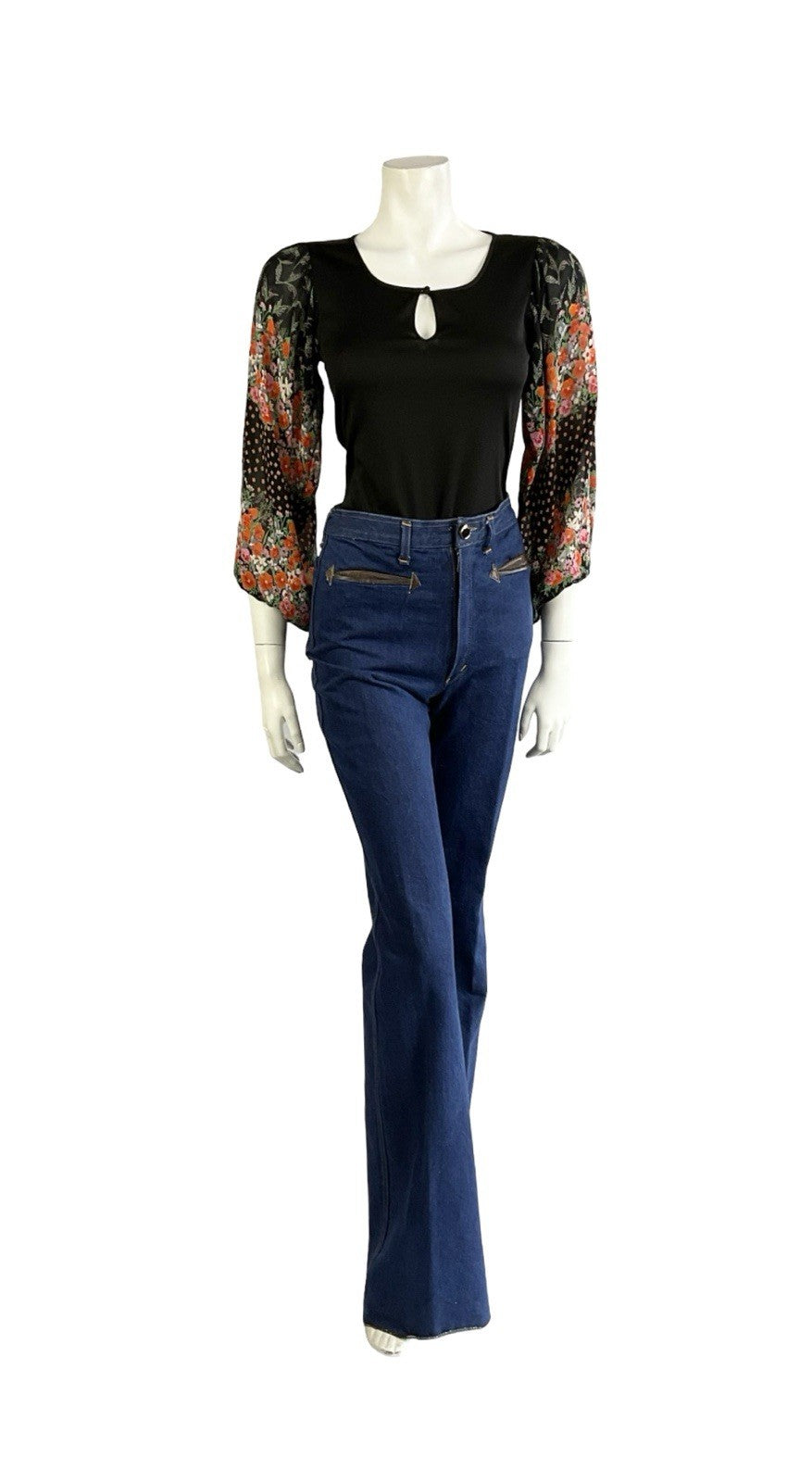 VTG 70S BLACK RED PINK GREEN BOHO FLORAL MESH BISHOP SLEEVE KEYHOLE TOP 6 8