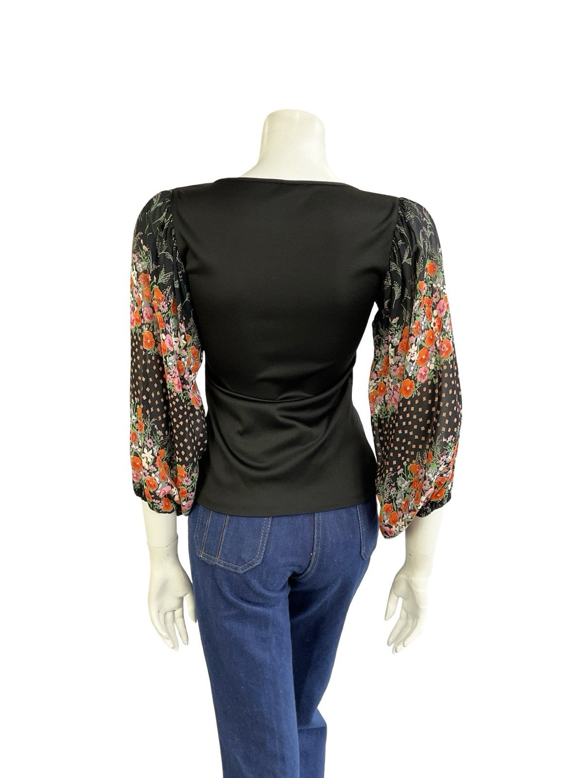 VTG 70S BLACK RED PINK GREEN BOHO FLORAL MESH BISHOP SLEEVE KEYHOLE TOP 6 8