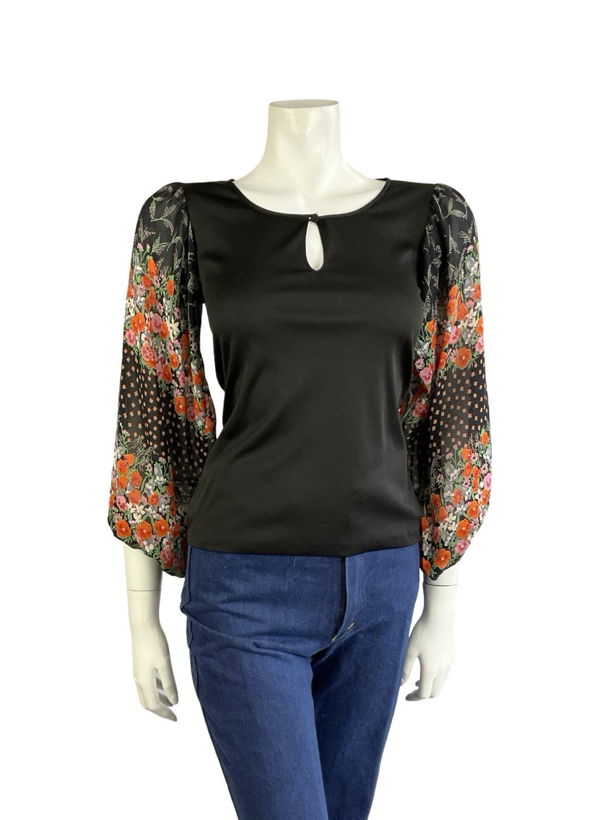 VTG 70S BLACK RED PINK GREEN BOHO FLORAL MESH BISHOP SLEEVE KEYHOLE TOP 6 8