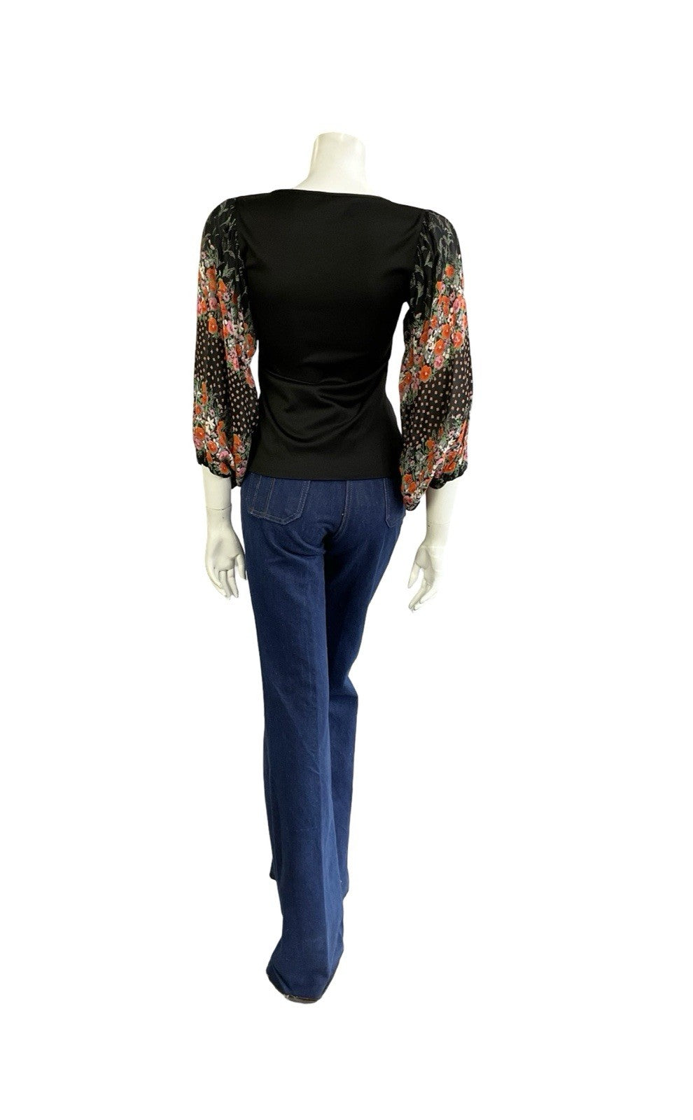 VTG 70S BLACK RED PINK GREEN BOHO FLORAL MESH BISHOP SLEEVE KEYHOLE TOP 6 8