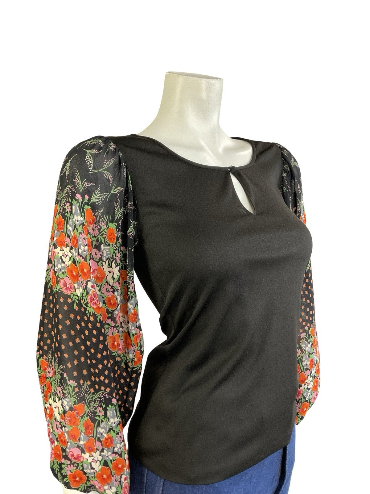 VTG 70S BLACK RED PINK GREEN BOHO FLORAL MESH BISHOP SLEEVE KEYHOLE TOP 6 8