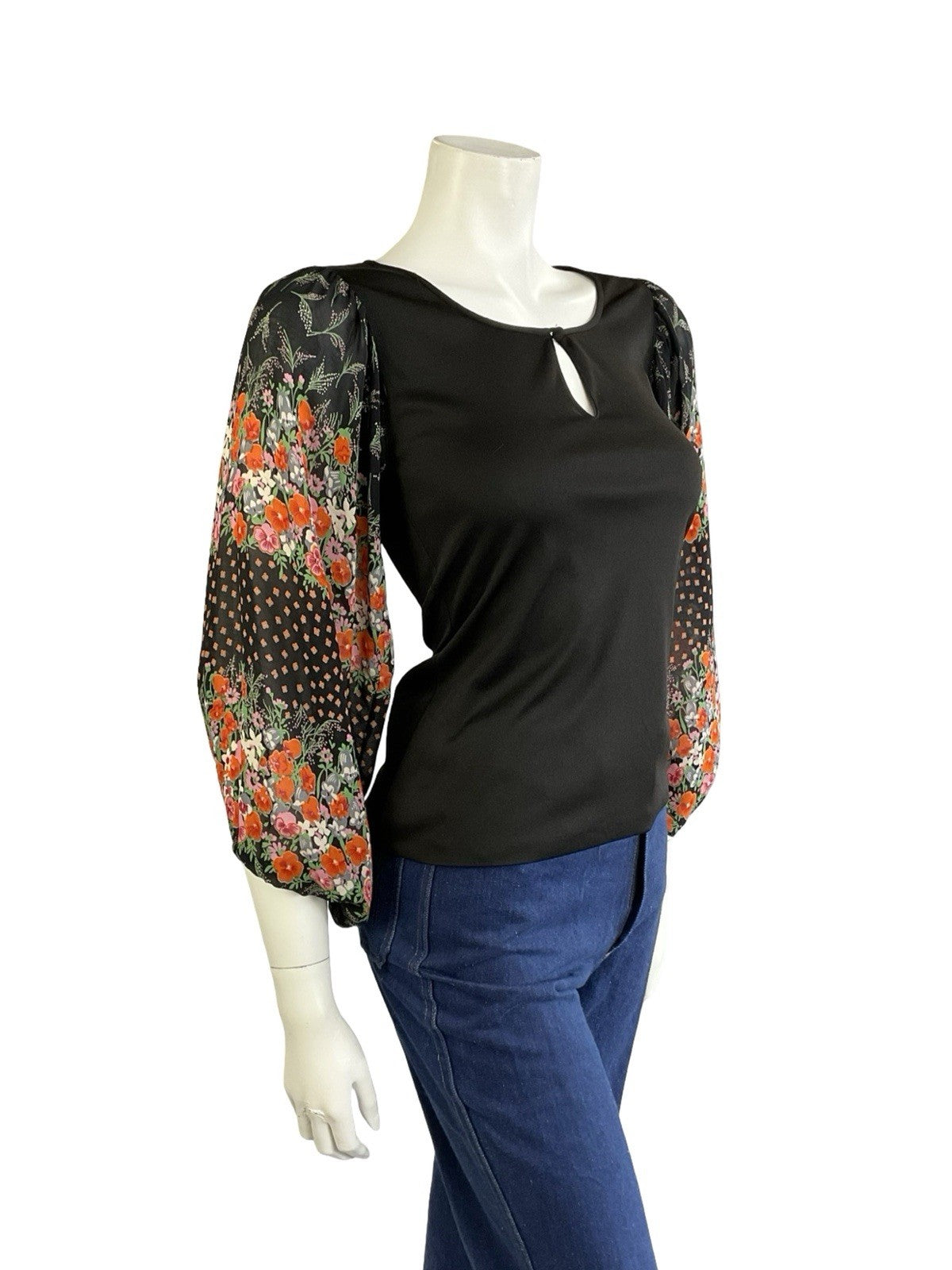 VTG 70S BLACK RED PINK GREEN BOHO FLORAL MESH BISHOP SLEEVE KEYHOLE TOP 6 8