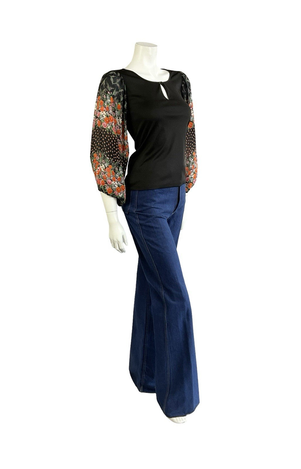 VTG 70S BLACK RED PINK GREEN BOHO FLORAL MESH BISHOP SLEEVE KEYHOLE TOP 6 8