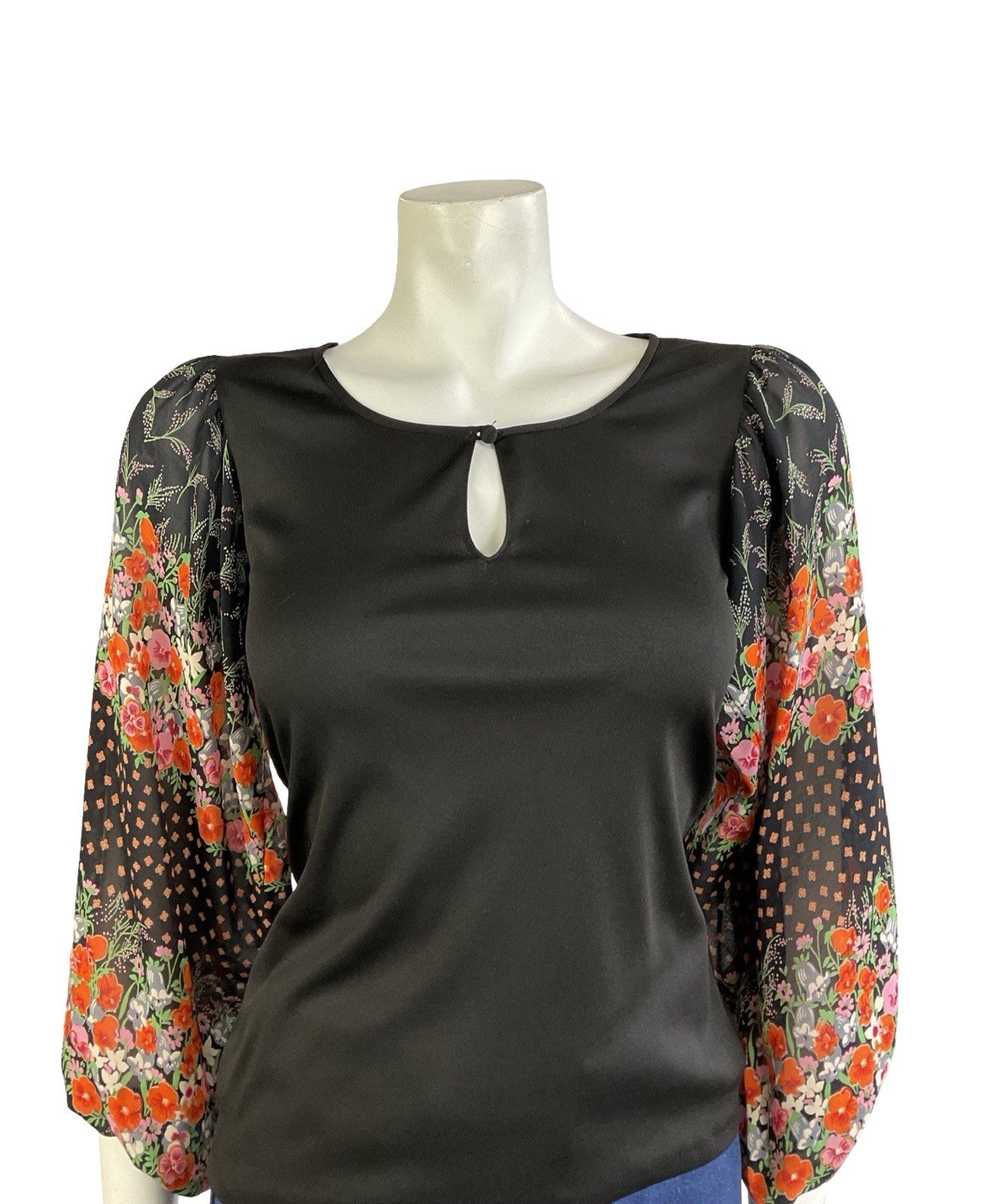 VTG 70S BLACK RED PINK GREEN BOHO FLORAL MESH BISHOP SLEEVE KEYHOLE TOP 6 8