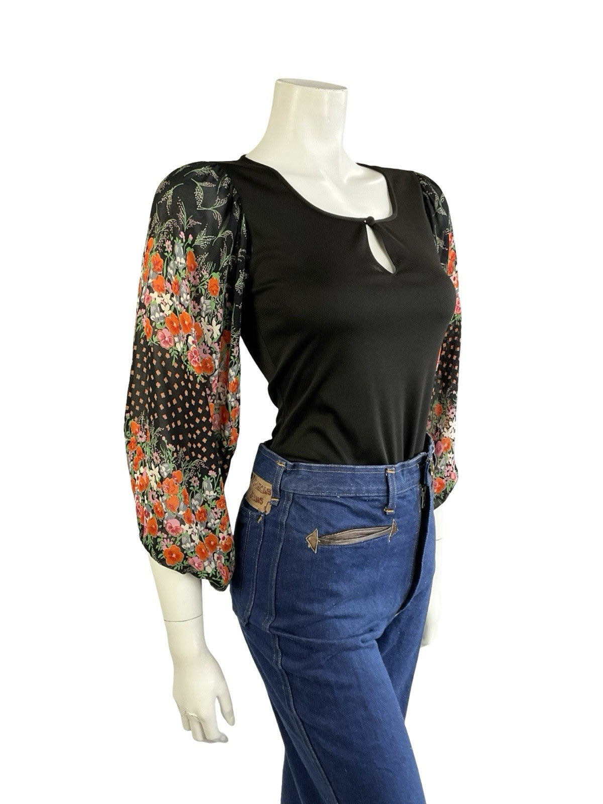 VTG 70S BLACK RED PINK GREEN BOHO FLORAL MESH BISHOP SLEEVE KEYHOLE TOP 6 8
