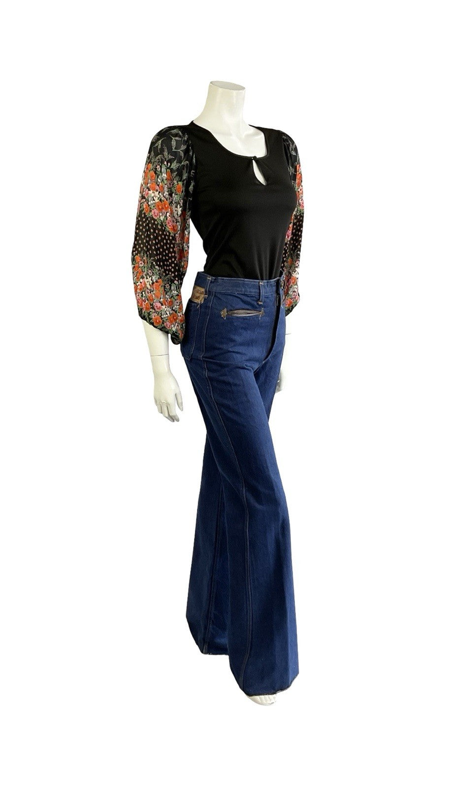 VTG 70S BLACK RED PINK GREEN BOHO FLORAL MESH BISHOP SLEEVE KEYHOLE TOP 6 8