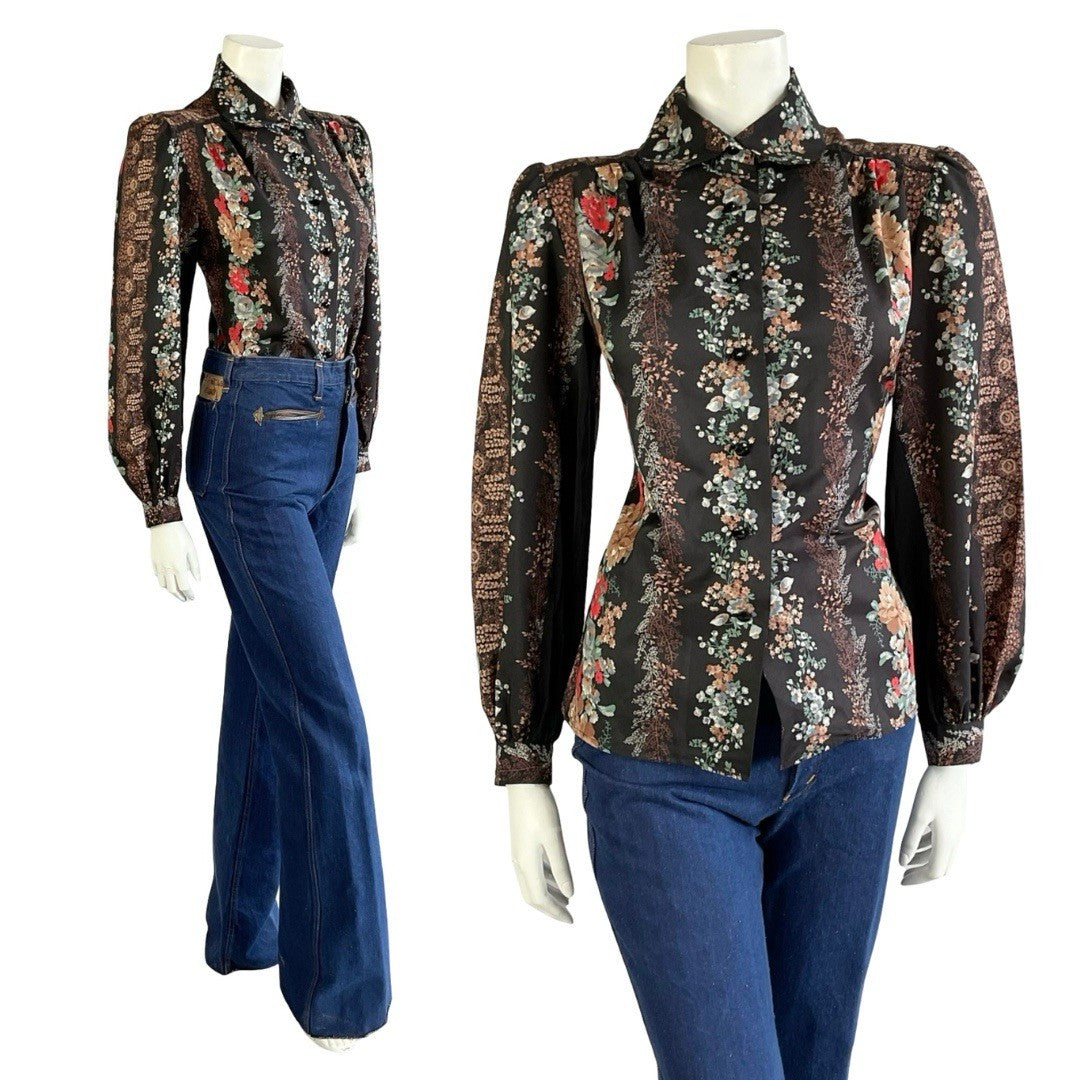 VTG 70S LUCIE LINDEN BLACK BROWN RED BLUE FLORAL FOLK PETER PAN COLLAR SHIRT 12