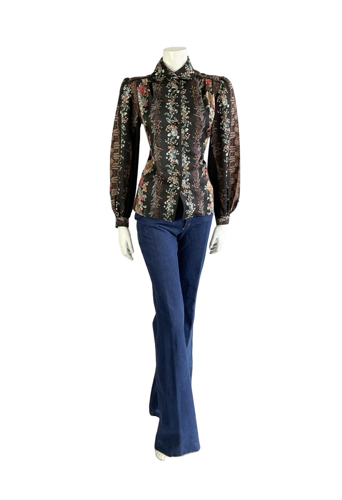 VTG 70S LUCIE LINDEN BLACK BROWN RED BLUE FLORAL FOLK PETER PAN COLLAR SHIRT 12
