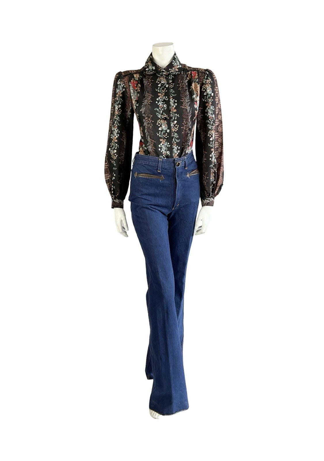 VTG 70S LUCIE LINDEN BLACK BROWN RED BLUE FLORAL FOLK PETER PAN COLLAR SHIRT 12