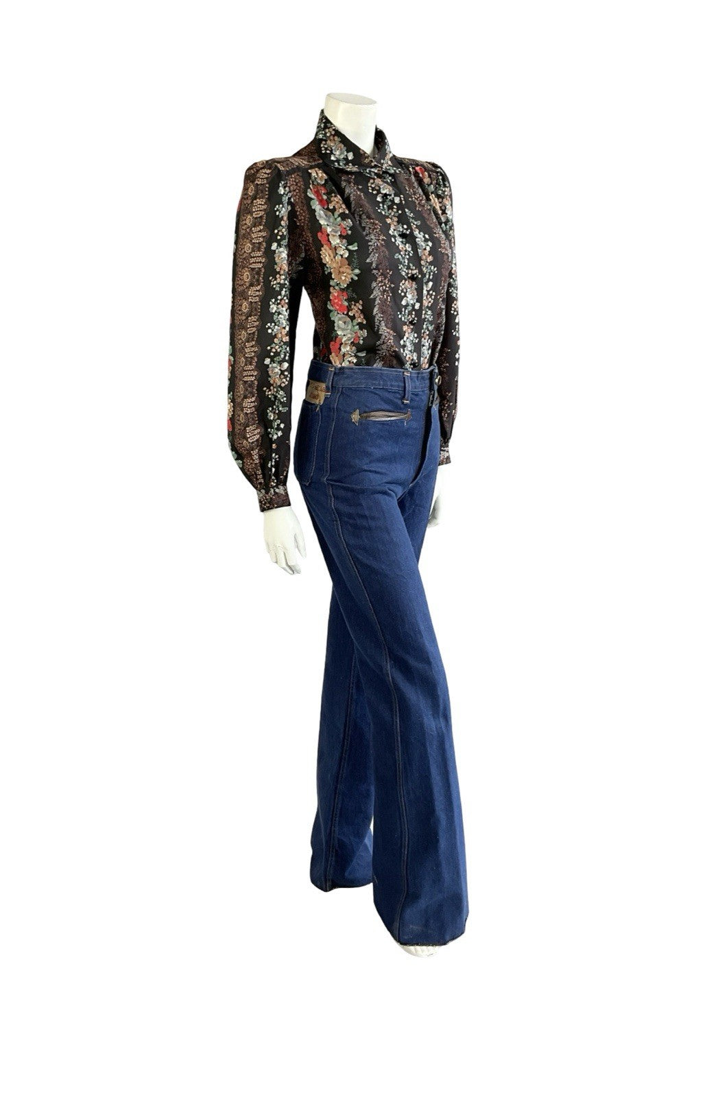 VTG 70S LUCIE LINDEN BLACK BROWN RED BLUE FLORAL FOLK PETER PAN COLLAR SHIRT 12