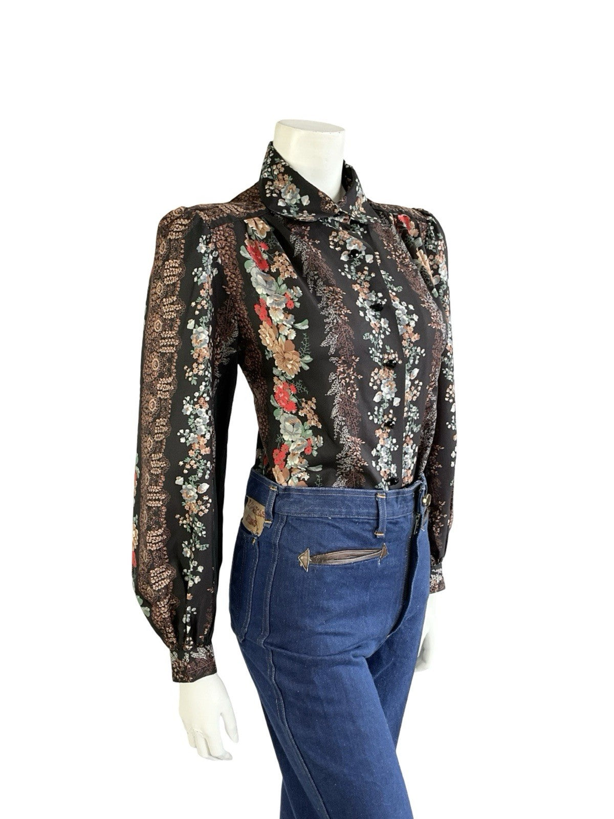 VTG 70S LUCIE LINDEN BLACK BROWN RED BLUE FLORAL FOLK PETER PAN COLLAR SHIRT 12