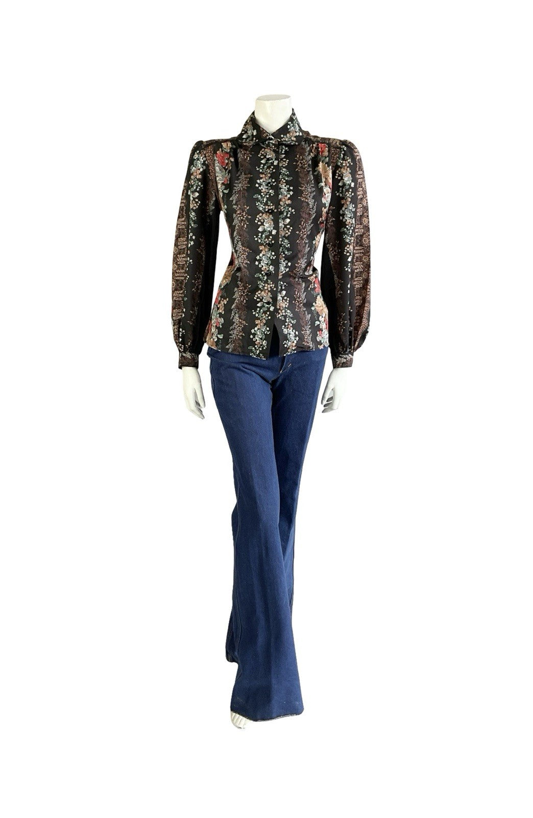VTG 70S LUCIE LINDEN BLACK BROWN RED BLUE FLORAL FOLK PETER PAN COLLAR SHIRT 12