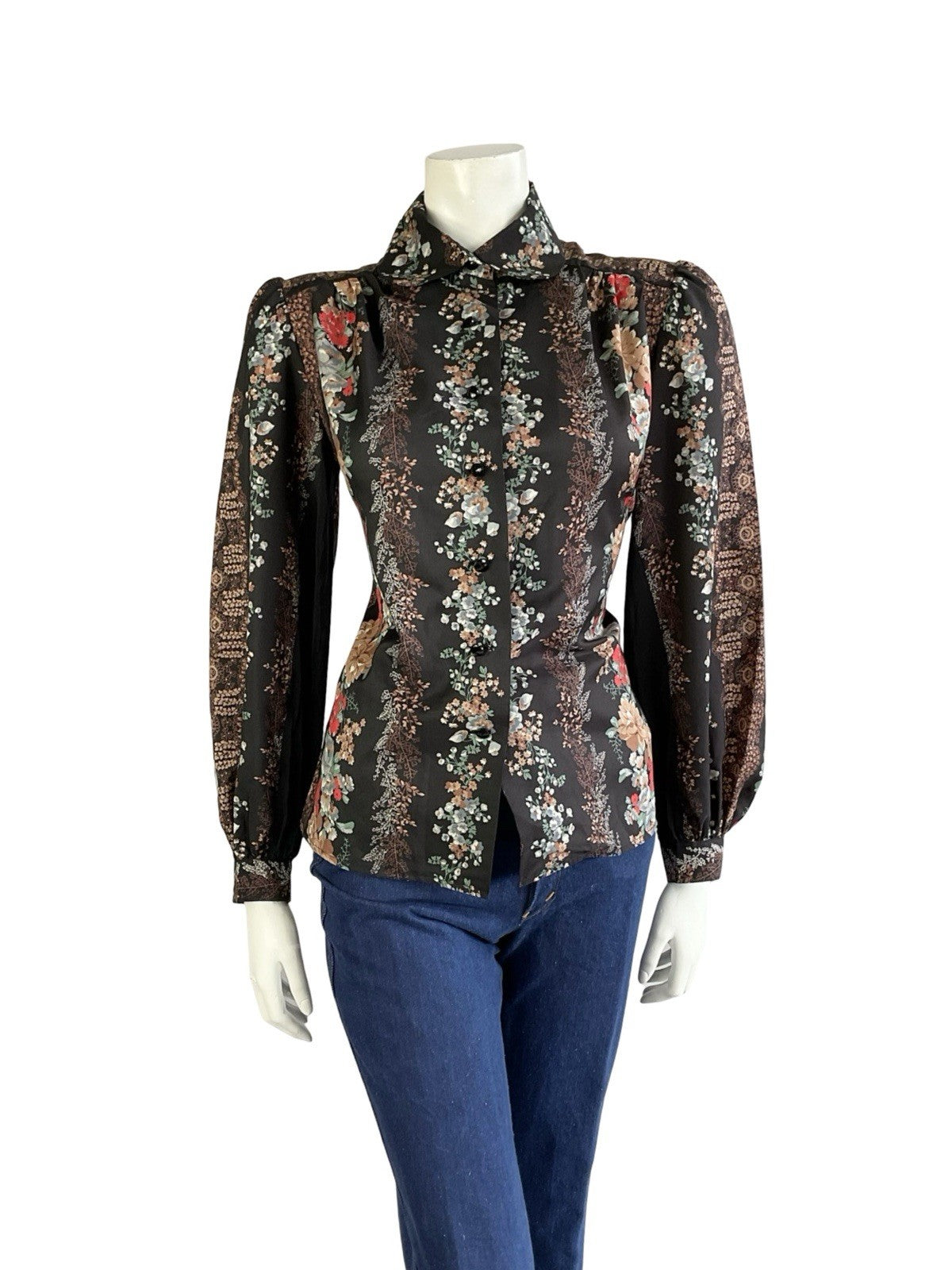 VTG 70S LUCIE LINDEN BLACK BROWN RED BLUE FLORAL FOLK PETER PAN COLLAR SHIRT 12