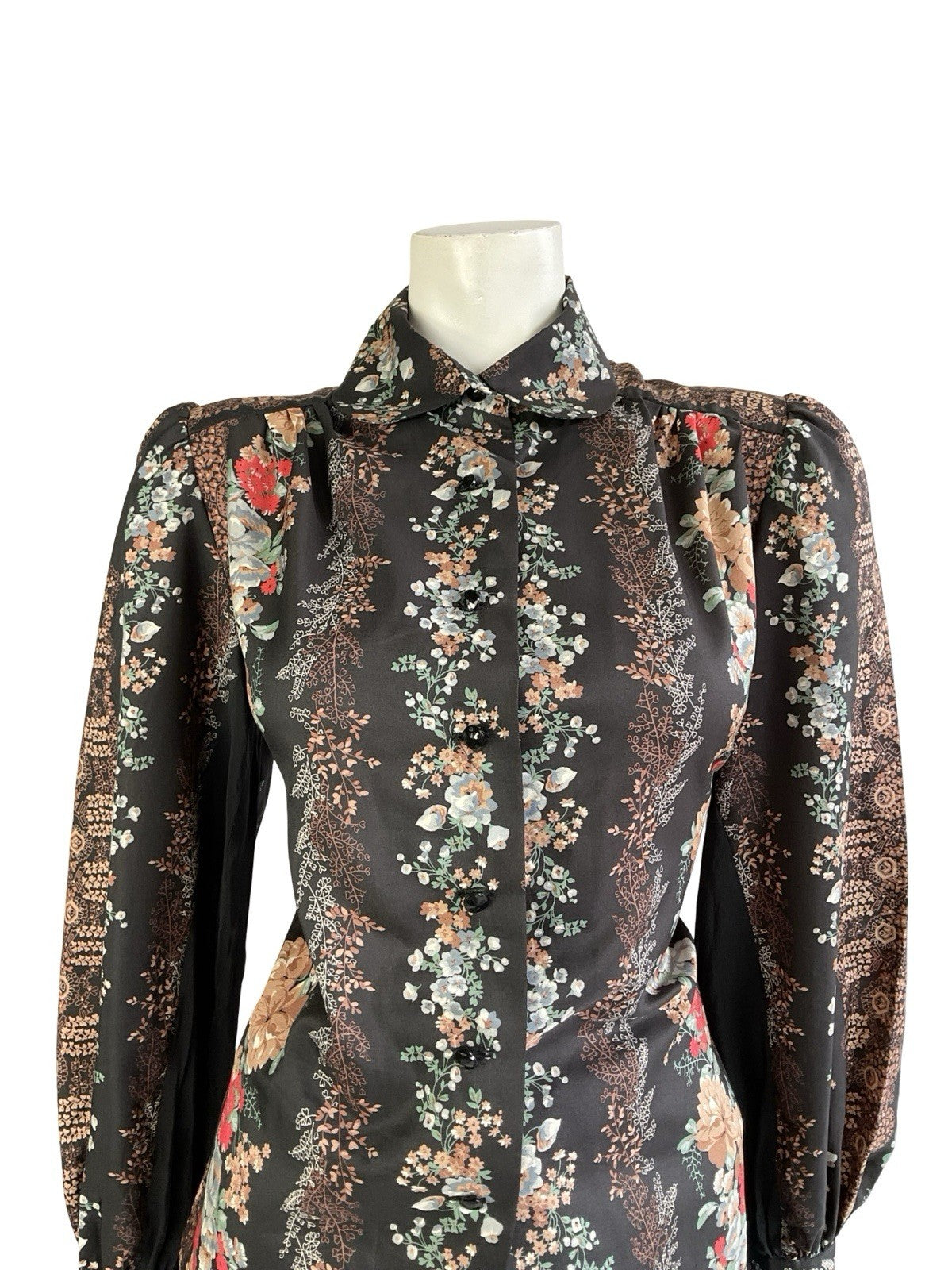 VTG 70S LUCIE LINDEN BLACK BROWN RED BLUE FLORAL FOLK PETER PAN COLLAR SHIRT 12