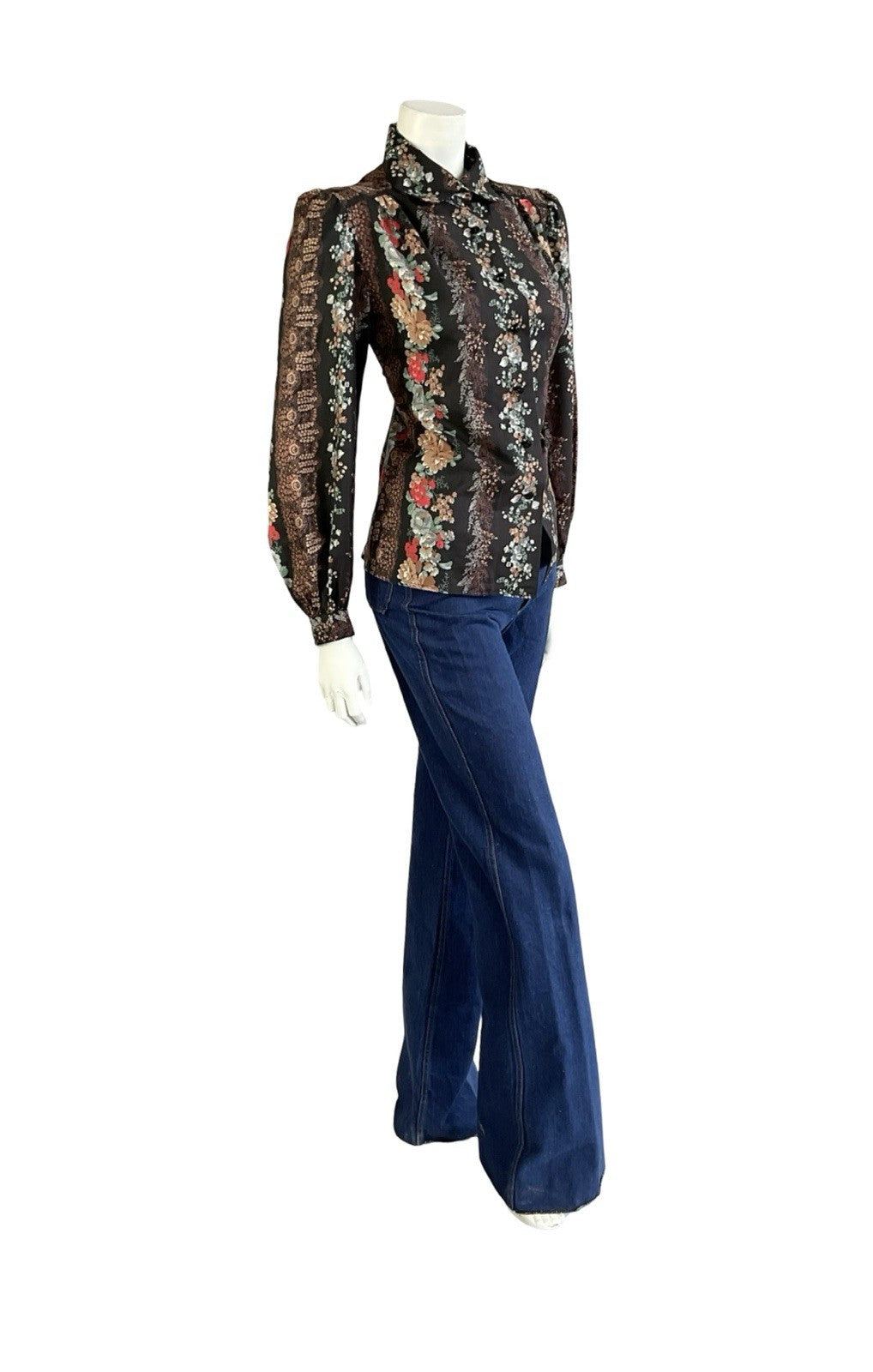 VTG 70S LUCIE LINDEN BLACK BROWN RED BLUE FLORAL FOLK PETER PAN COLLAR SHIRT 12