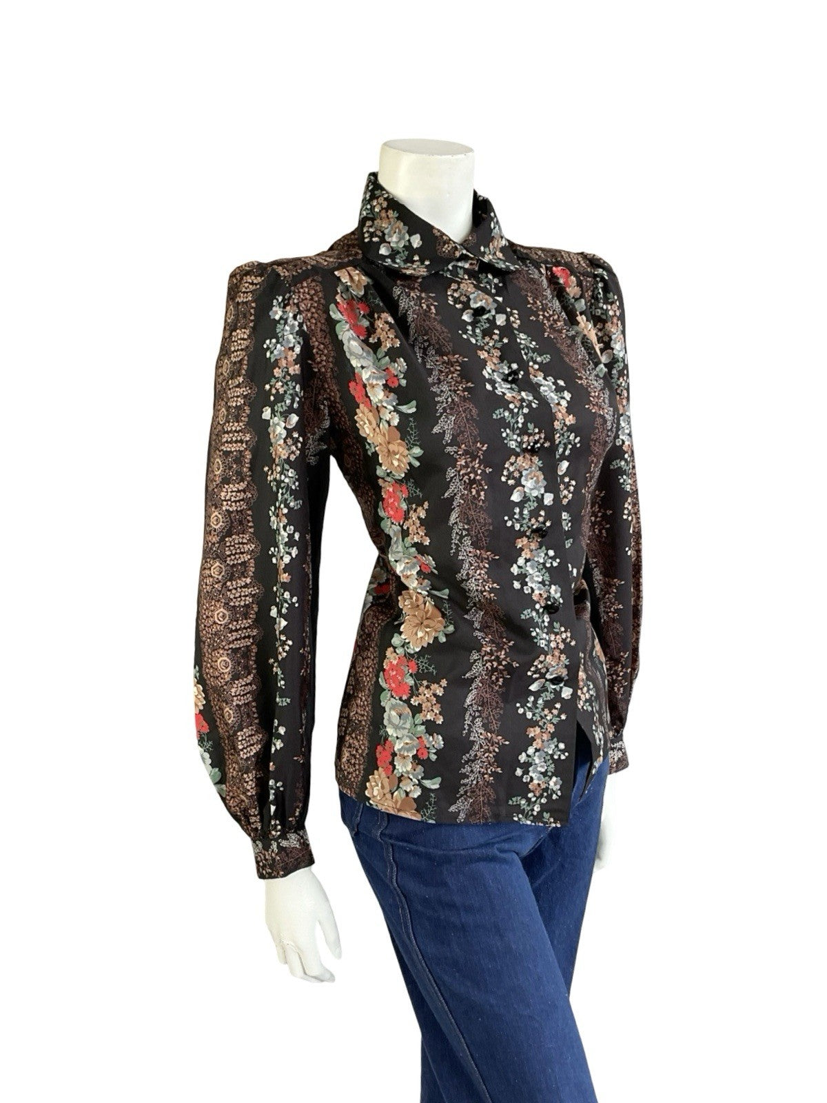 VTG 70S LUCIE LINDEN BLACK BROWN RED BLUE FLORAL FOLK PETER PAN COLLAR SHIRT 12