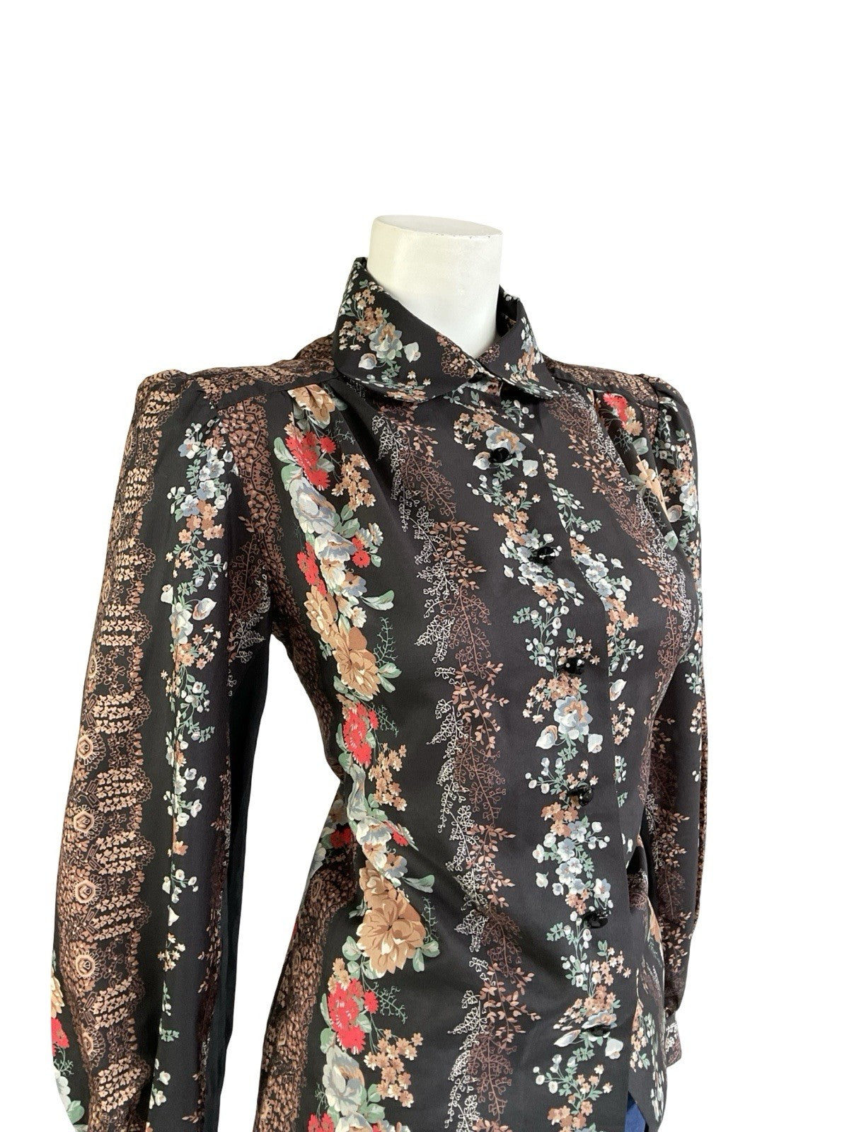VTG 70S LUCIE LINDEN BLACK BROWN RED BLUE FLORAL FOLK PETER PAN COLLAR SHIRT 12