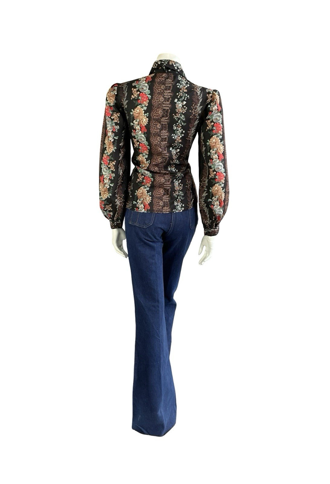 VTG 70S LUCIE LINDEN BLACK BROWN RED BLUE FLORAL FOLK PETER PAN COLLAR SHIRT 12