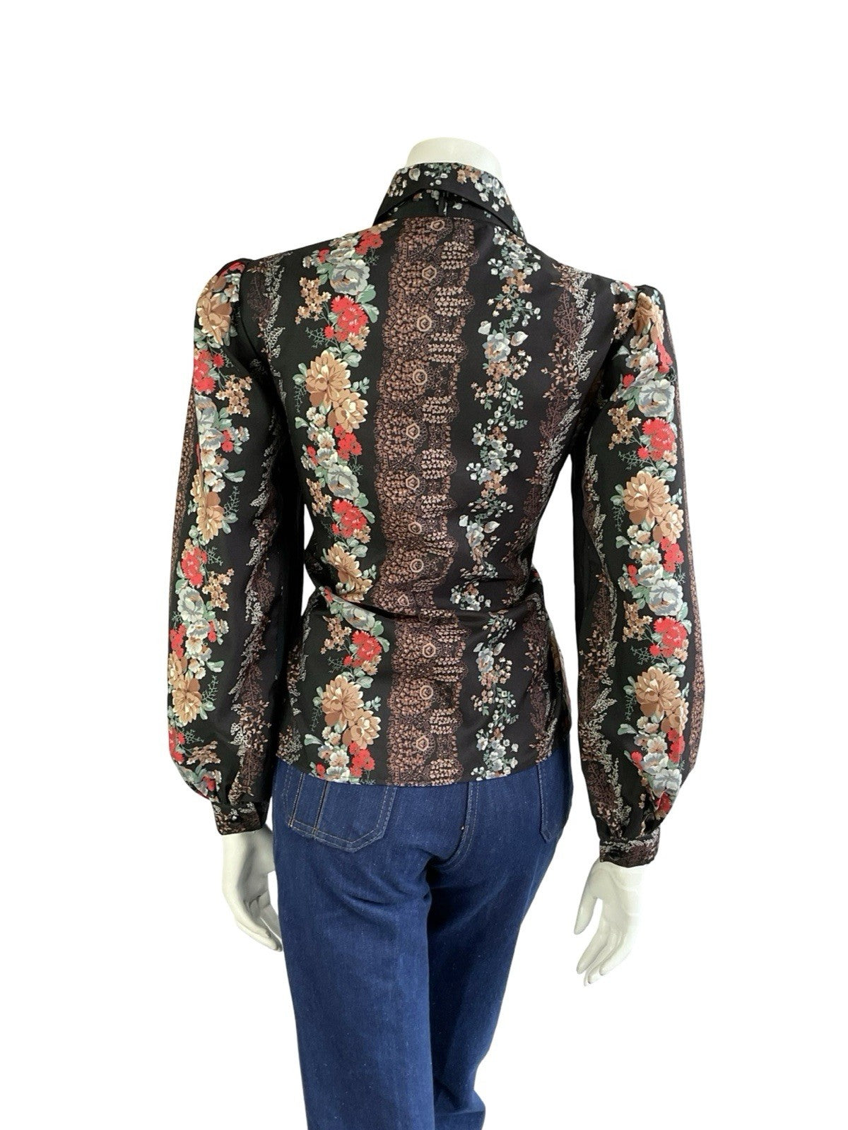 VTG 70S LUCIE LINDEN BLACK BROWN RED BLUE FLORAL FOLK PETER PAN COLLAR SHIRT 12