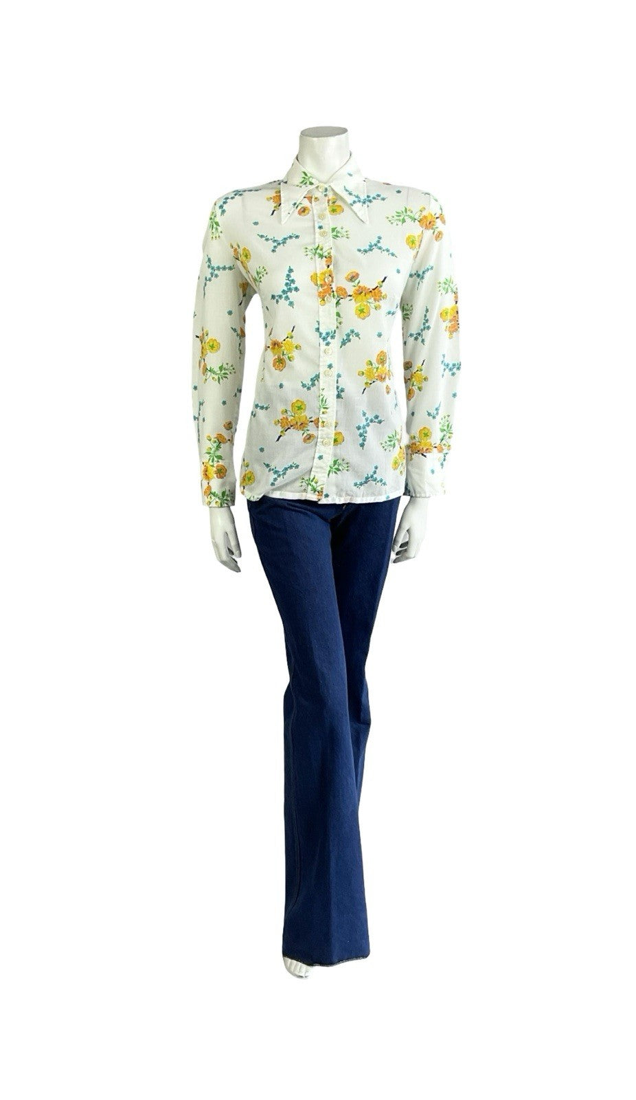 VTG 60S 70S MOD WHITE YELLOW BLUE FLORAL DAGGER COLLAR SHIRT 14