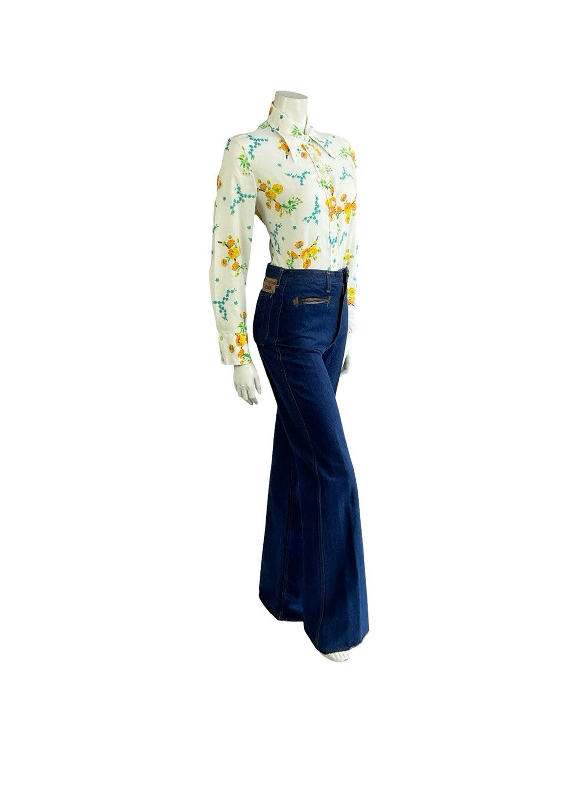 VTG 60S 70S MOD WHITE YELLOW BLUE FLORAL DAGGER COLLAR SHIRT 14