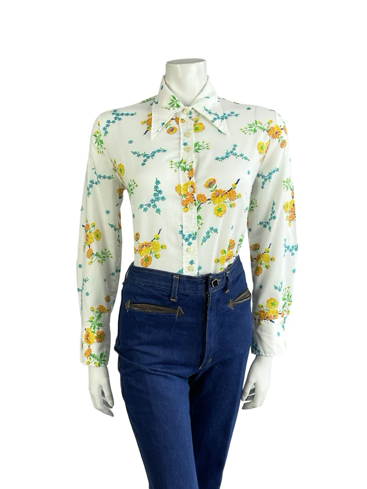 VTG 60S 70S MOD WHITE YELLOW BLUE FLORAL DAGGER COLLAR SHIRT 14