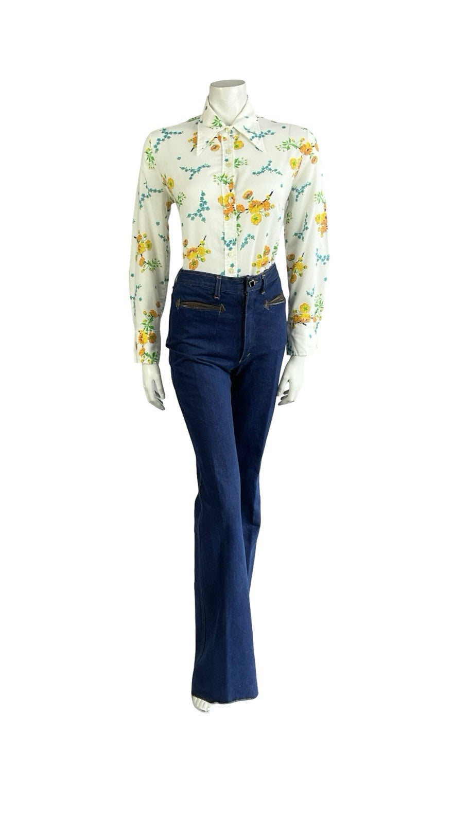 VTG 60S 70S MOD WHITE YELLOW BLUE FLORAL DAGGER COLLAR SHIRT 14