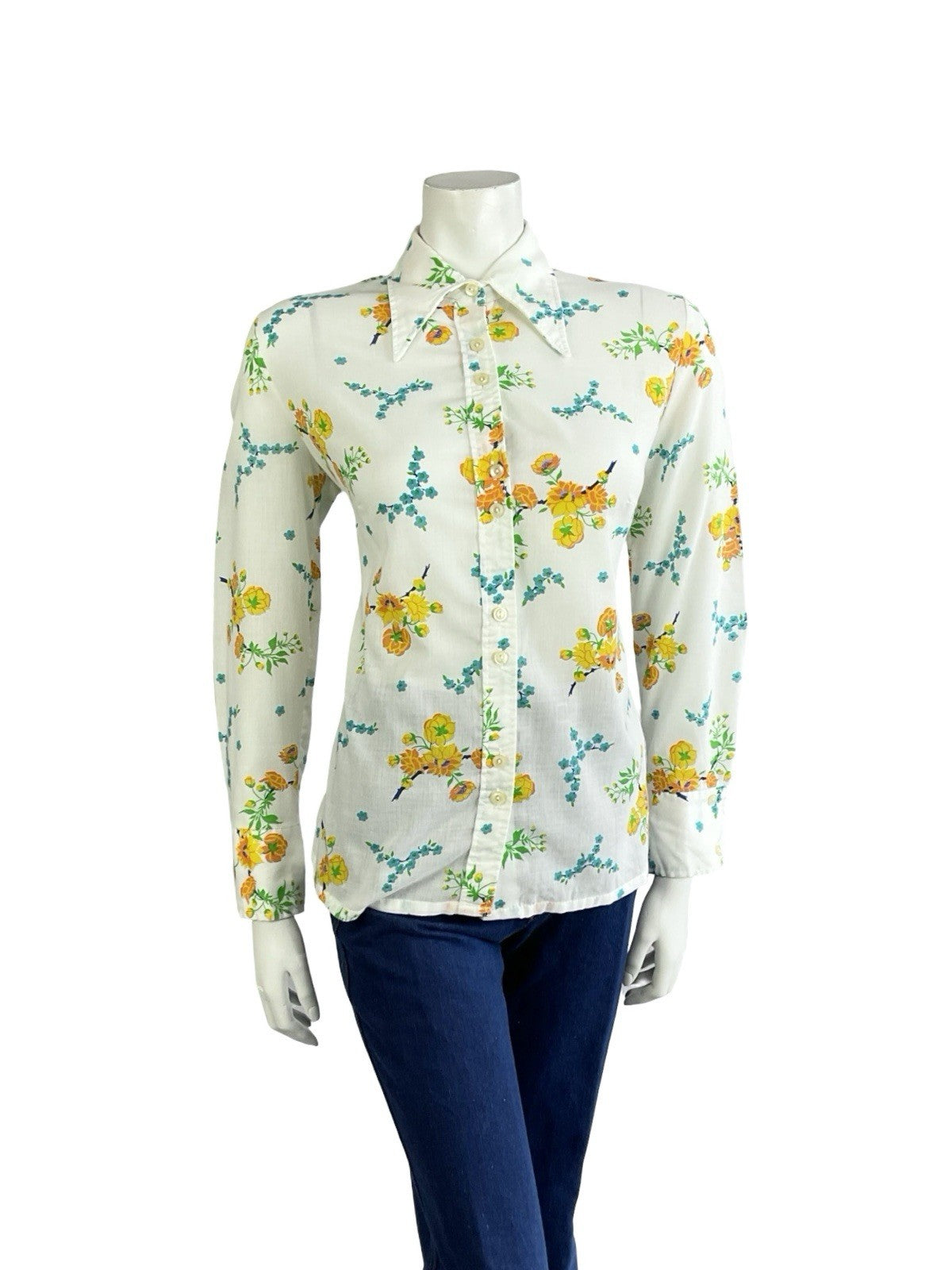 VTG 60S 70S MOD WHITE YELLOW BLUE FLORAL DAGGER COLLAR SHIRT 14