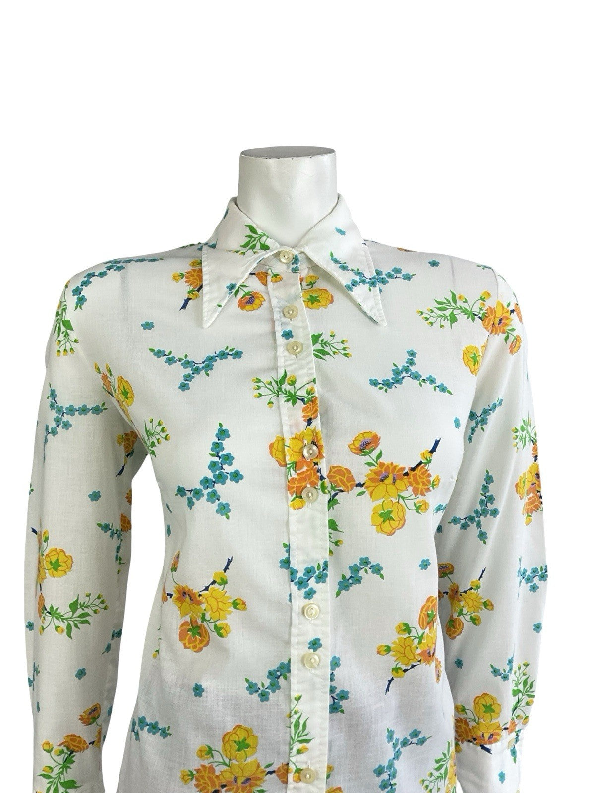 VTG 60S 70S MOD WHITE YELLOW BLUE FLORAL DAGGER COLLAR SHIRT 14