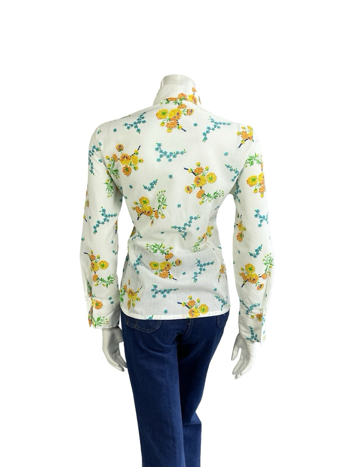 VTG 60S 70S MOD WHITE YELLOW BLUE FLORAL DAGGER COLLAR SHIRT 14
