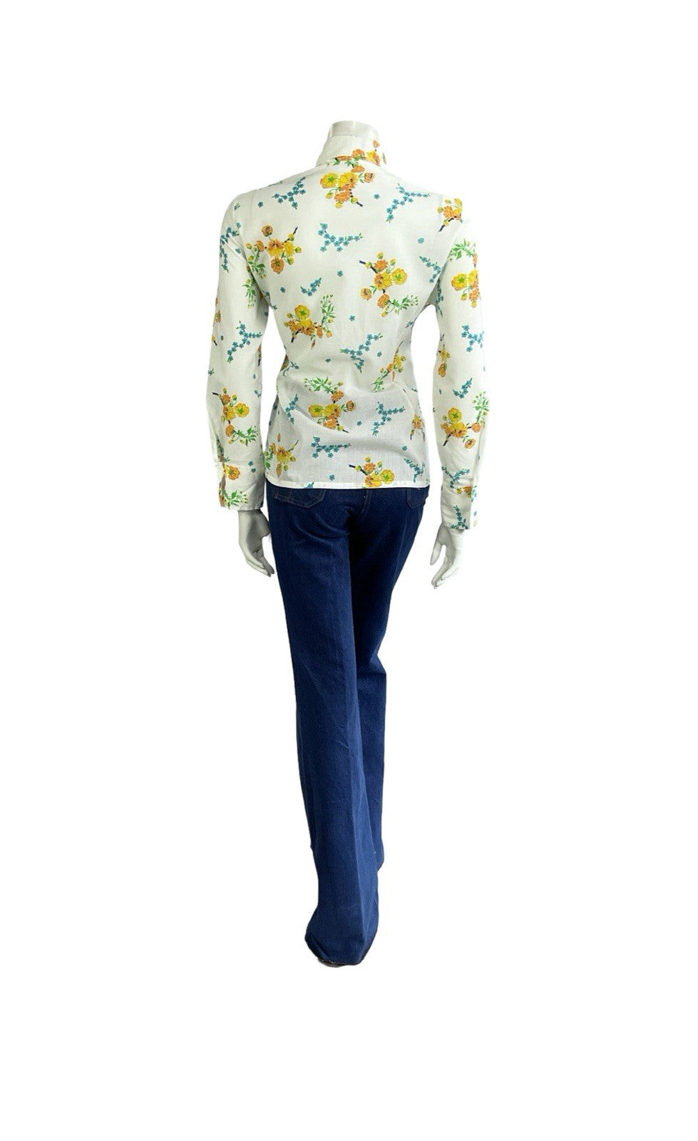 VTG 60S 70S MOD WHITE YELLOW BLUE FLORAL DAGGER COLLAR SHIRT 14