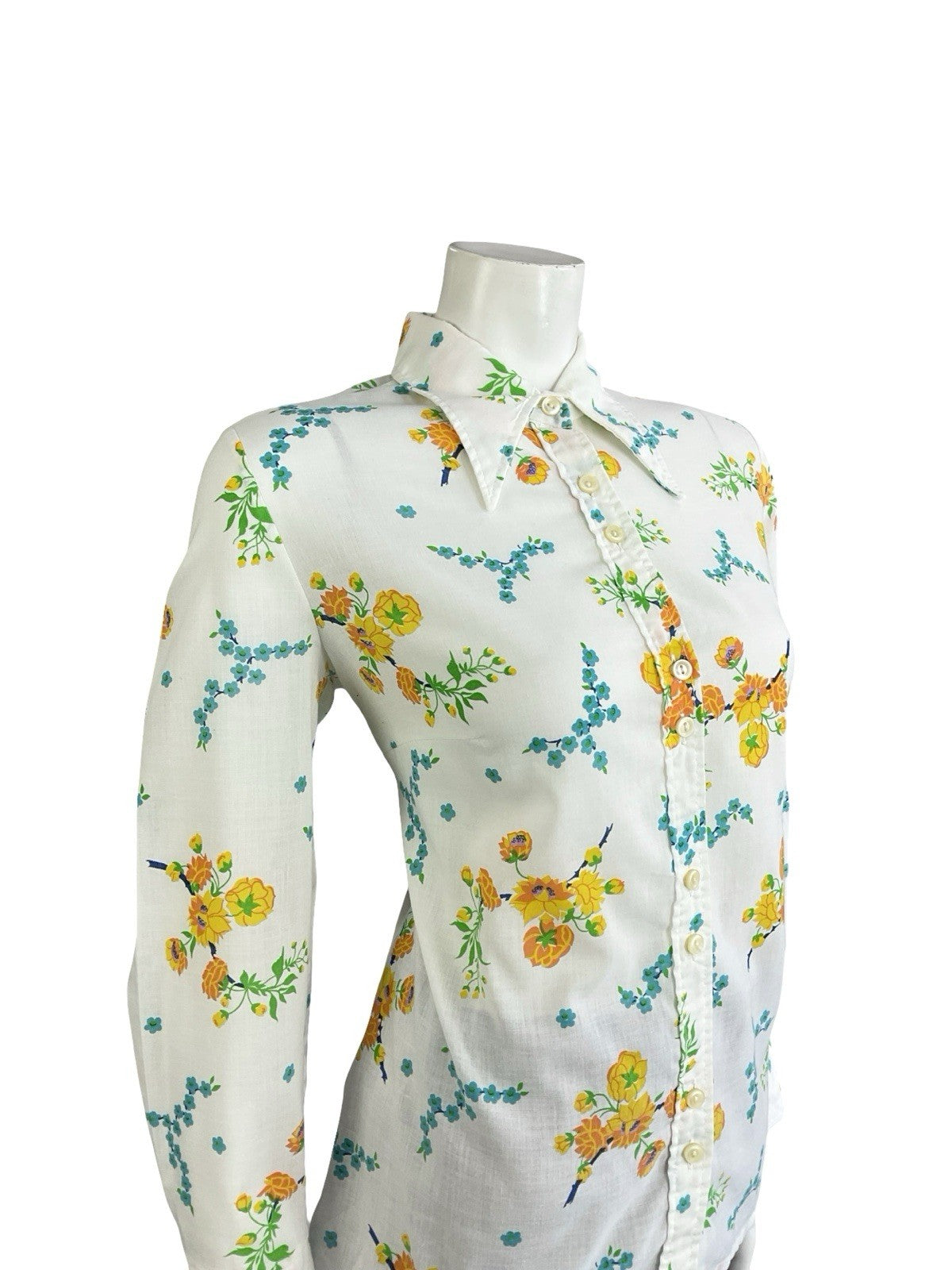 VTG 60S 70S MOD WHITE YELLOW BLUE FLORAL DAGGER COLLAR SHIRT 14