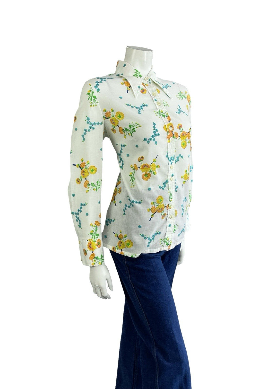 VTG 60S 70S MOD WHITE YELLOW BLUE FLORAL DAGGER COLLAR SHIRT 14