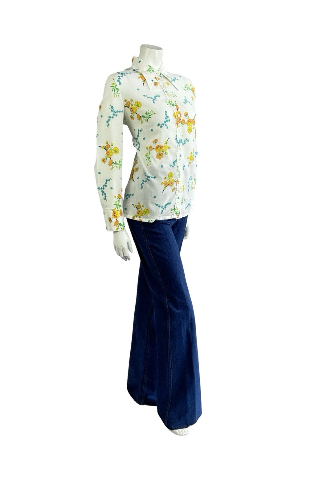 VTG 60S 70S MOD WHITE YELLOW BLUE FLORAL DAGGER COLLAR SHIRT 14