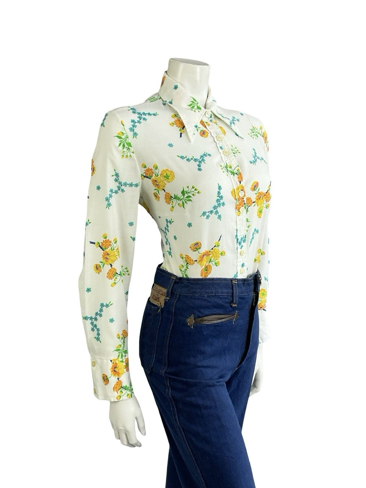 VTG 60S 70S MOD WHITE YELLOW BLUE FLORAL DAGGER COLLAR SHIRT 14