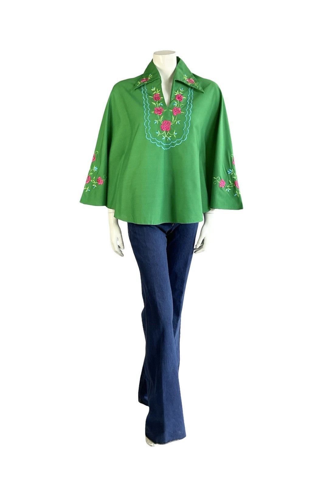 VTG 60S 70S GREEN BLUE PINK ROSE EMBROIDERED DAGGER CAPE KAFTAN TOP 8 10 S
