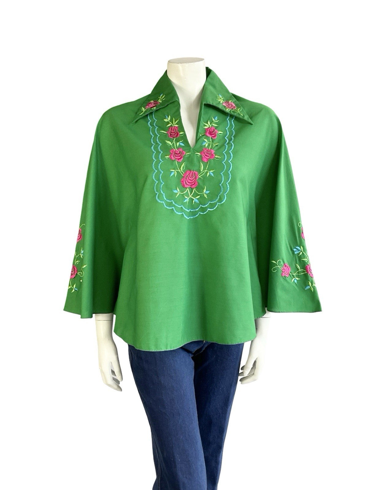 VTG 60S 70S GREEN BLUE PINK ROSE EMBROIDERED DAGGER CAPE KAFTAN TOP 8 10 S