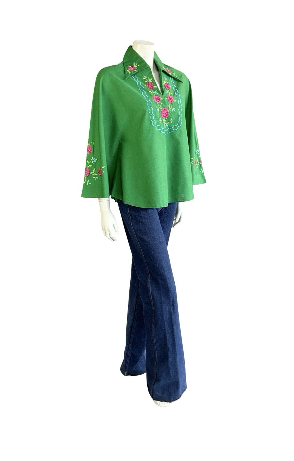 VTG 60S 70S GREEN BLUE PINK ROSE EMBROIDERED DAGGER CAPE KAFTAN TOP 8 10 S